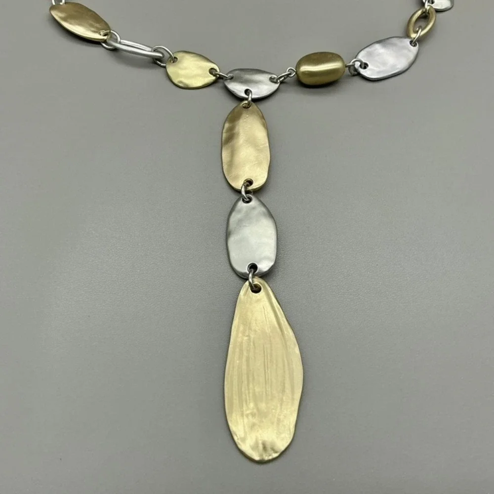 Chico's Necklace Womens Gold Tone Silver Tone Mixed Metal Y-Drop Hammered 24